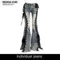 REDDACHIC_Dark_Lace_Up_Slit_Low_Rise_Slim_Women'S_Stretch_Cotton_Denim_Flare_Jeans_MISSTT