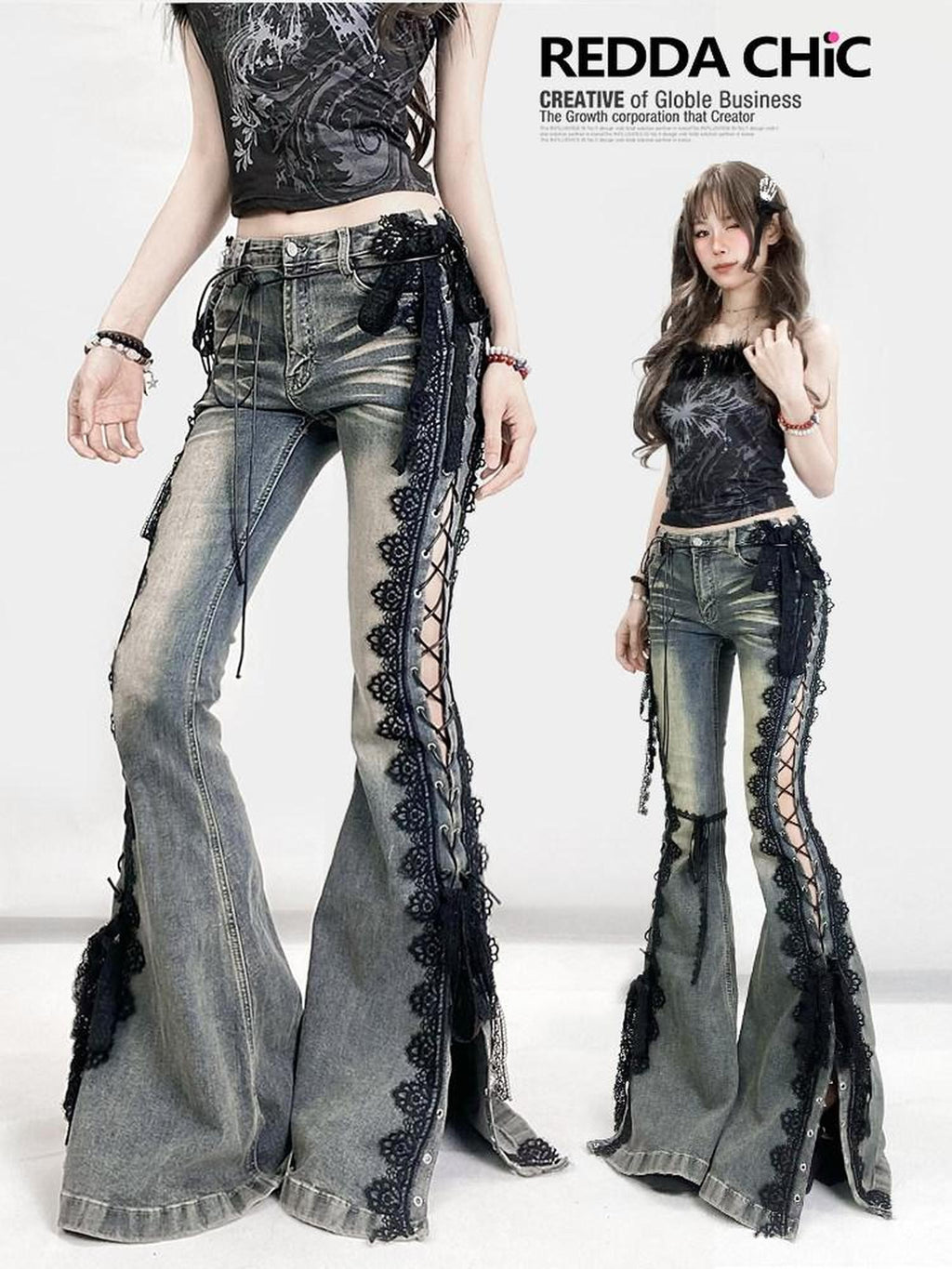 REDDACHIC Dark Lace Up Slit Low Rise Slim Women'S Stretch Cotton Denim Flare Jeans