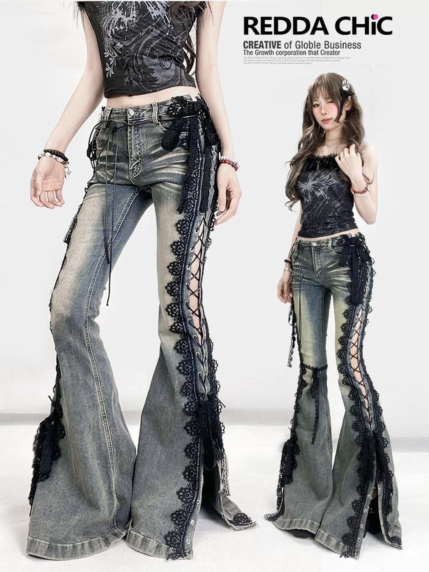 REDDACHIC Dark Lace Up Slit Low Rise Slim Women'S Stretch Cotton Denim Flare Jeans