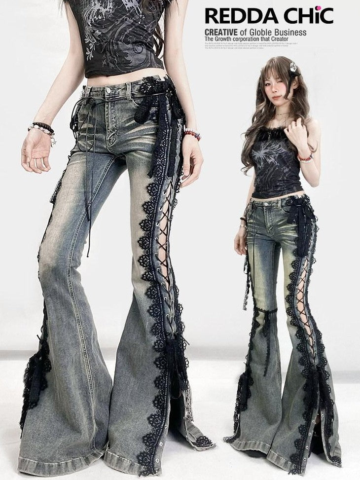 REDDACHIC Dark Lace Up Slit Low Rise Slim Women'S Stretch Cotton Denim Flare Jeans
