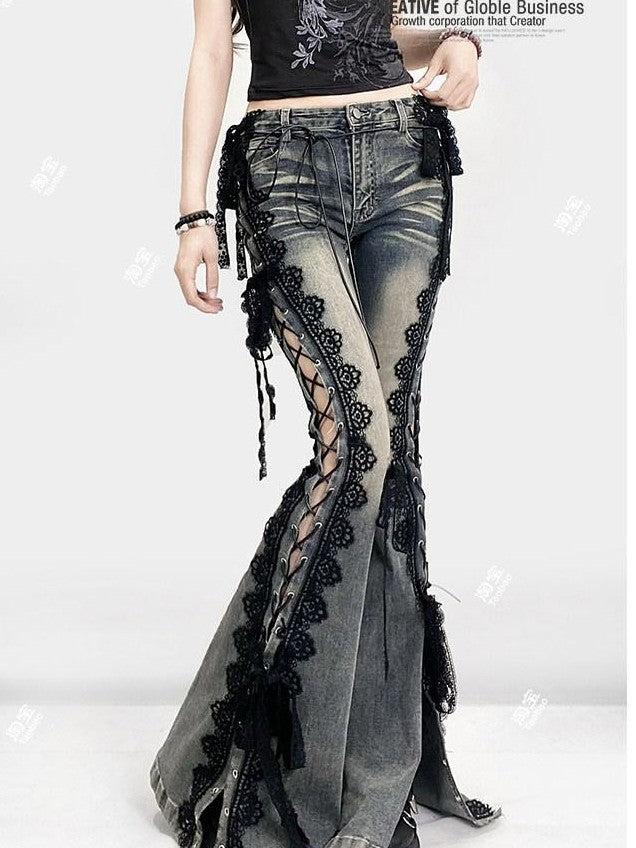 REDDACHIC Dark Lace Up Slit Low Rise Slim Women'S Stretch Cotton Denim Flare Jeans