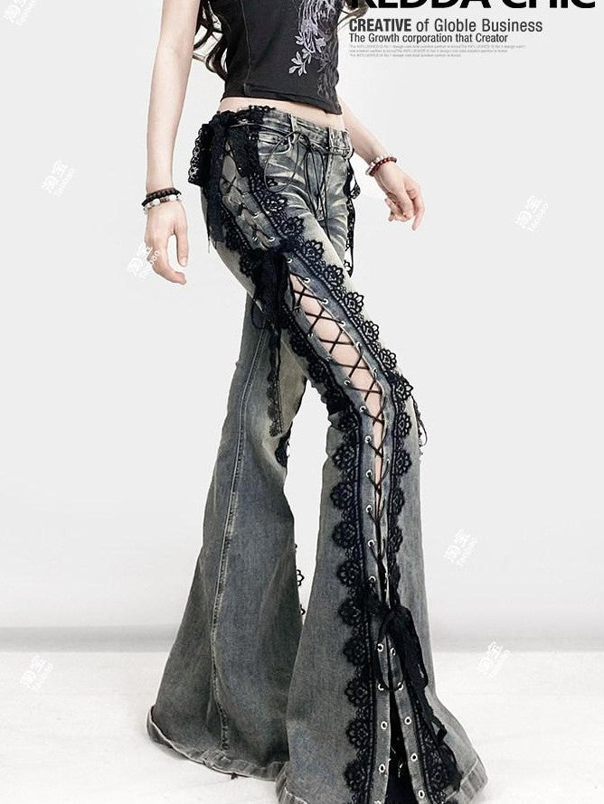 REDDACHIC Dark Lace Up Slit Low Rise Slim Women'S Stretch Cotton Denim Flare Jeans