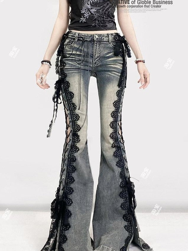 REDDACHIC Dark Lace Up Slit Low Rise Slim Women'S Stretch Cotton Denim Flare Jeans