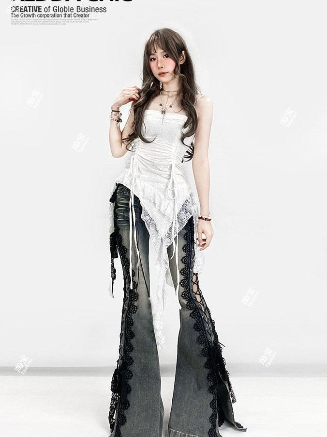 REDDACHIC Dark Lace Up Slit Low Rise Slim Women'S Stretch Cotton Denim Flare Jeans