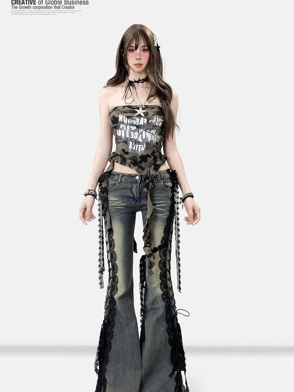 REDDACHIC Dark Lace Up Slit Low Rise Slim Women'S Stretch Cotton Denim Flare Jeans
