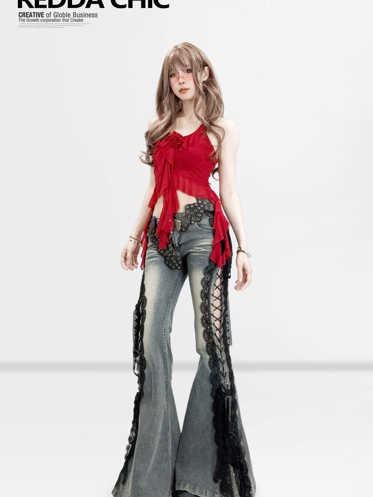 REDDACHIC Dark Lace Up Slit Low Rise Slim Women'S Stretch Cotton Denim Flare Jeans