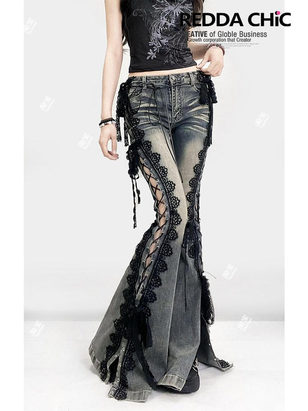 REDDACHIC Dark Lace Up Slit Low Rise Slim Women'S Stretch Cotton Denim Flare Jeans