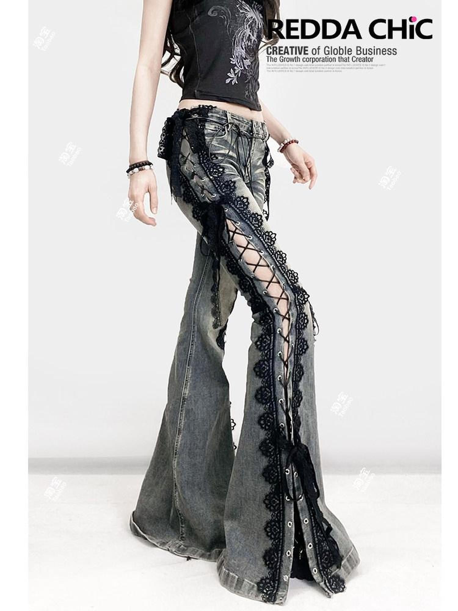 REDDACHIC Dark Lace Up Slit Low Rise Slim Women'S Stretch Cotton Denim Flare Jeans
