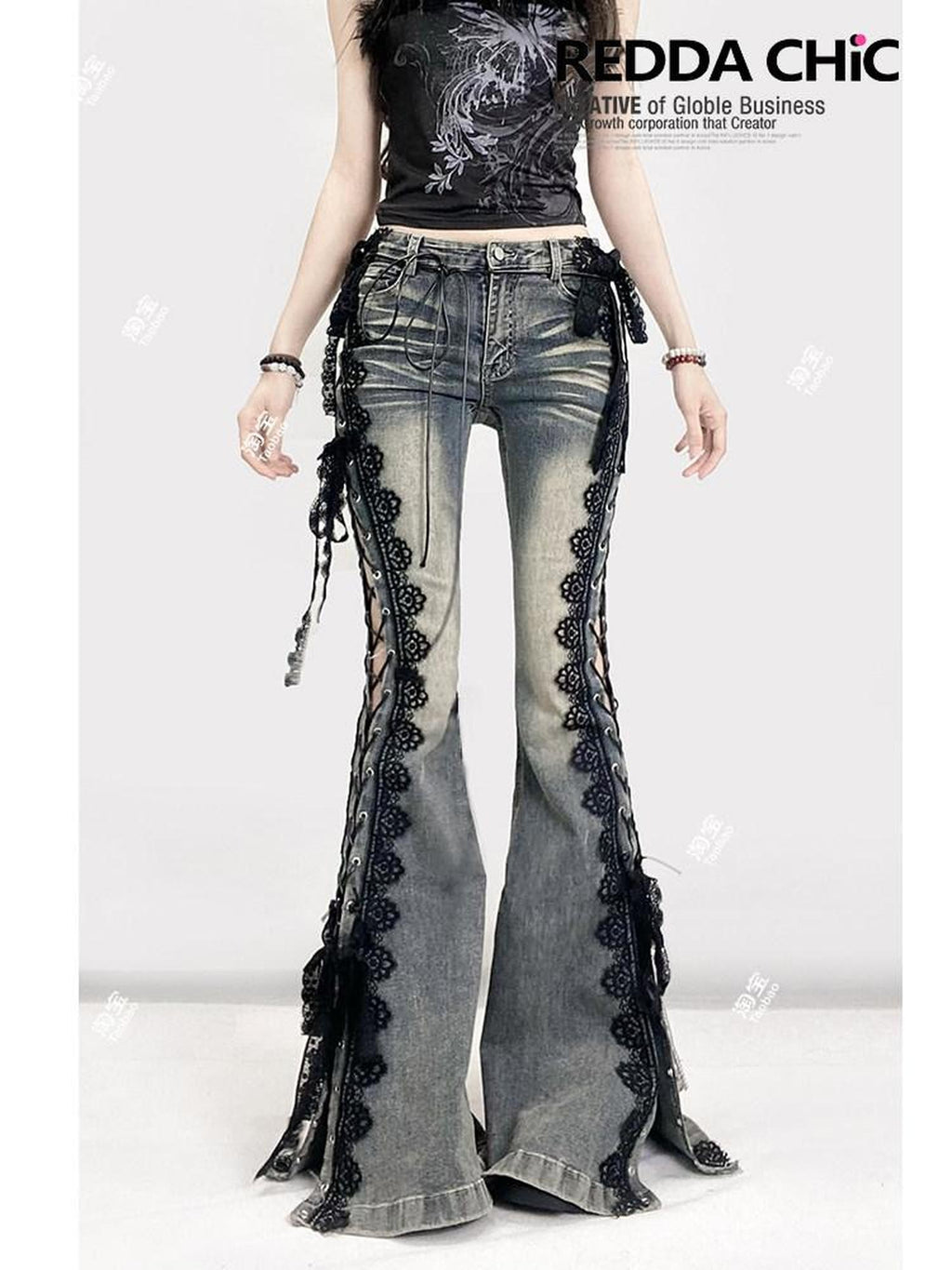 REDDACHIC Dark Lace Up Slit Low Rise Slim Women'S Stretch Cotton Denim Flare Jeans