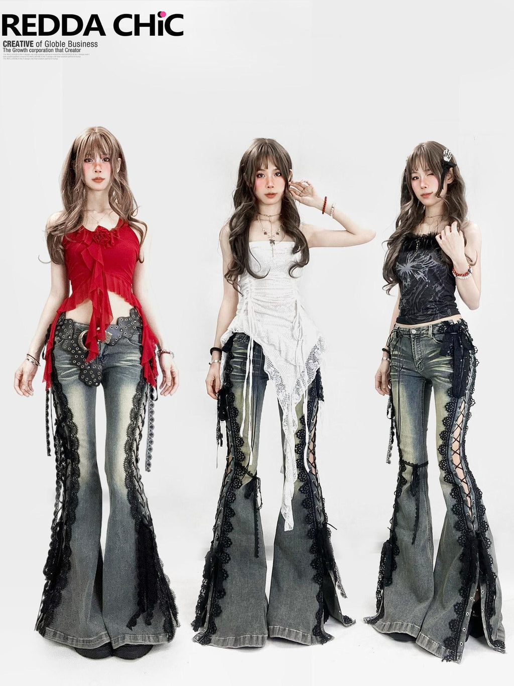 REDDACHIC Dark Lace Up Slit Low Rise Slim Women'S Stretch Cotton Denim Flare Jeans