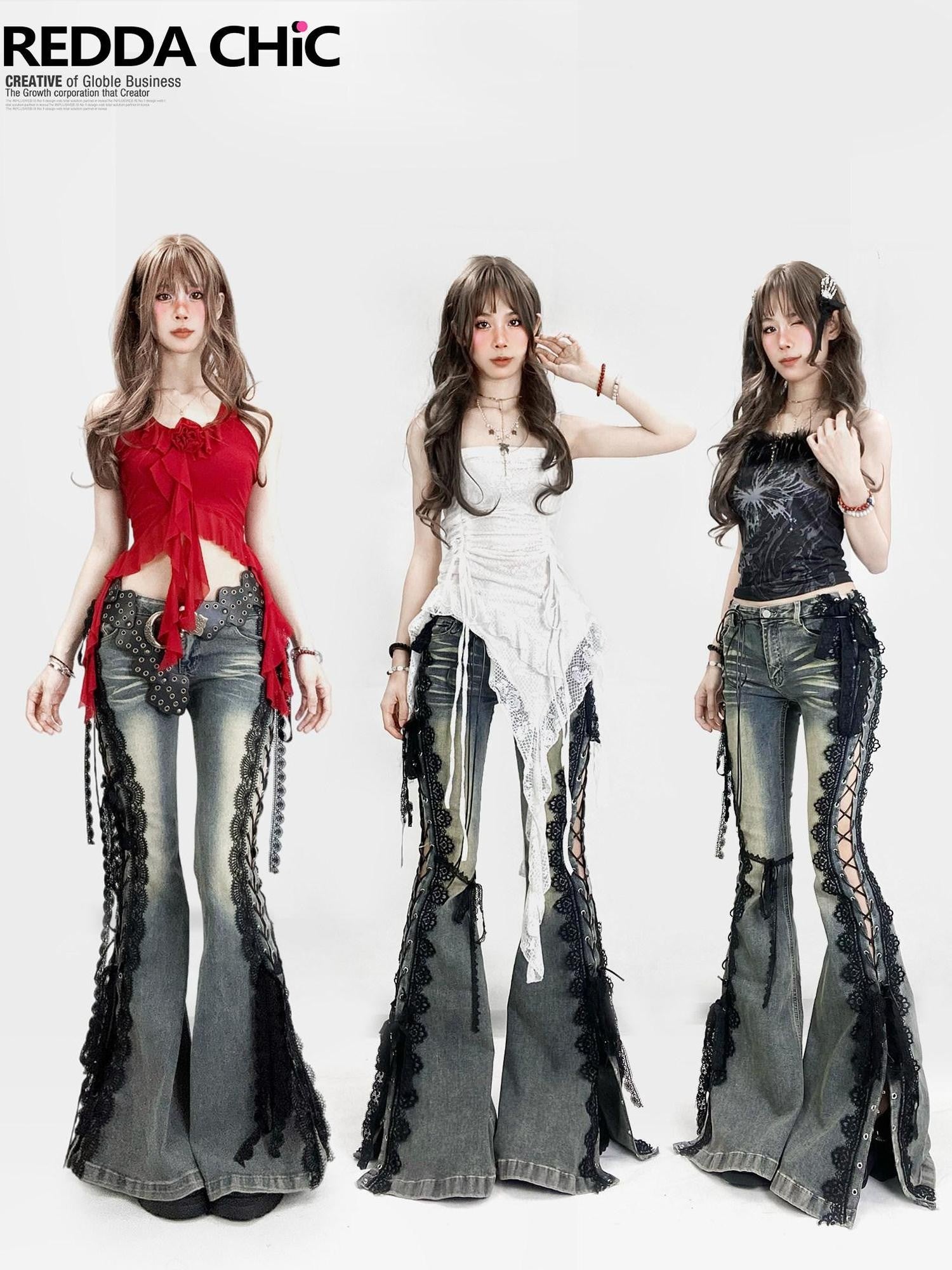 REDDACHIC Dark Lace Up Slit Low Rise Slim Women'S Stretch Cotton Denim Flare Jeans