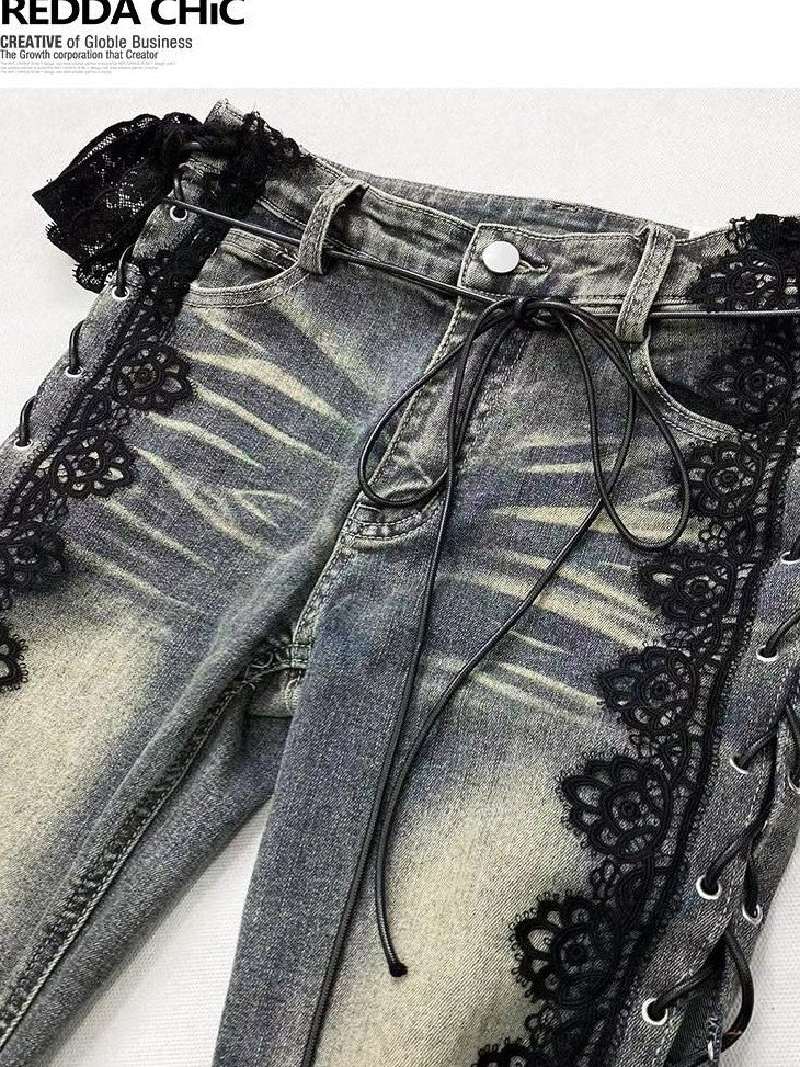 REDDACHIC Dark Lace Up Slit Low Rise Slim Women'S Stretch Cotton Denim Flare Jeans