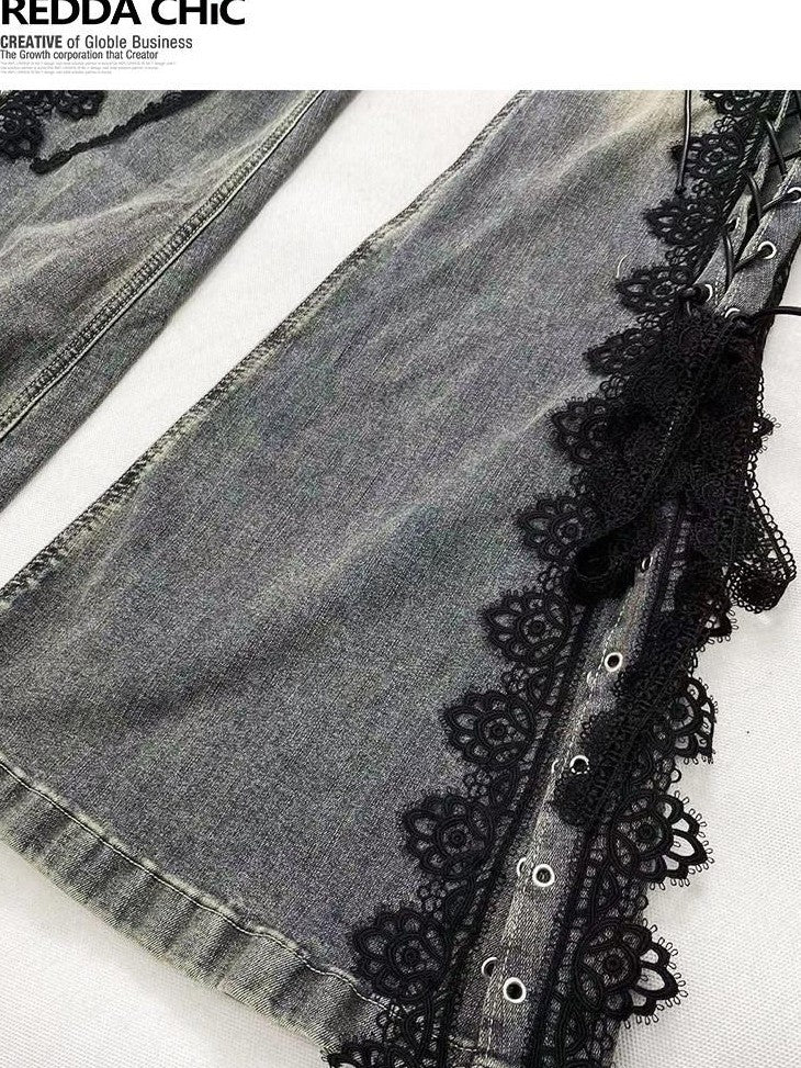 REDDACHIC Dark Lace Up Slit Low Rise Slim Women'S Stretch Cotton Denim Flare Jeans