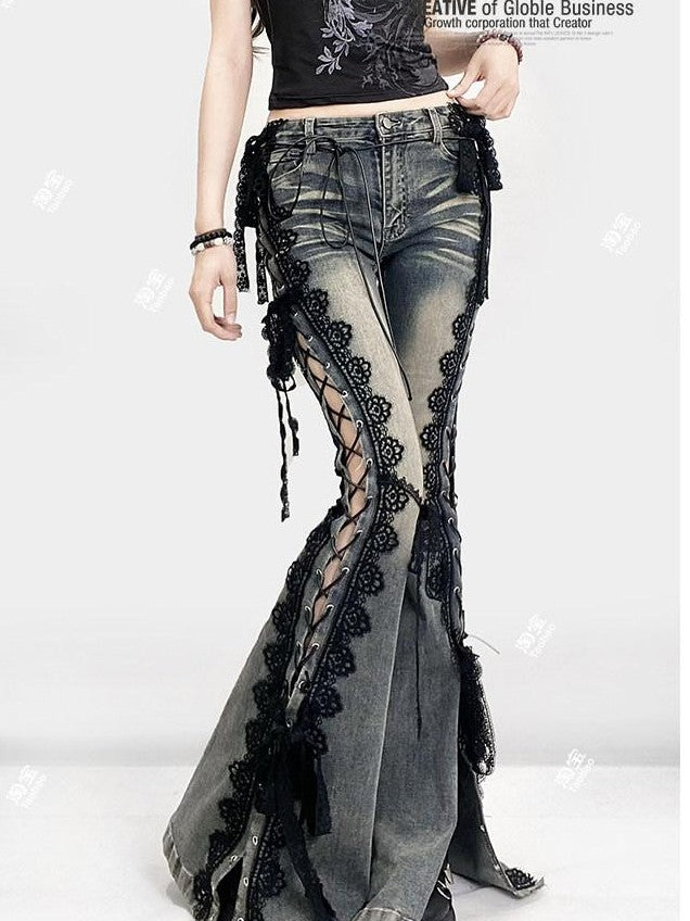 REDDACHIC Dark Lace Up Slit Low Rise Slim Women'S Stretch Cotton Denim Flare Jeans