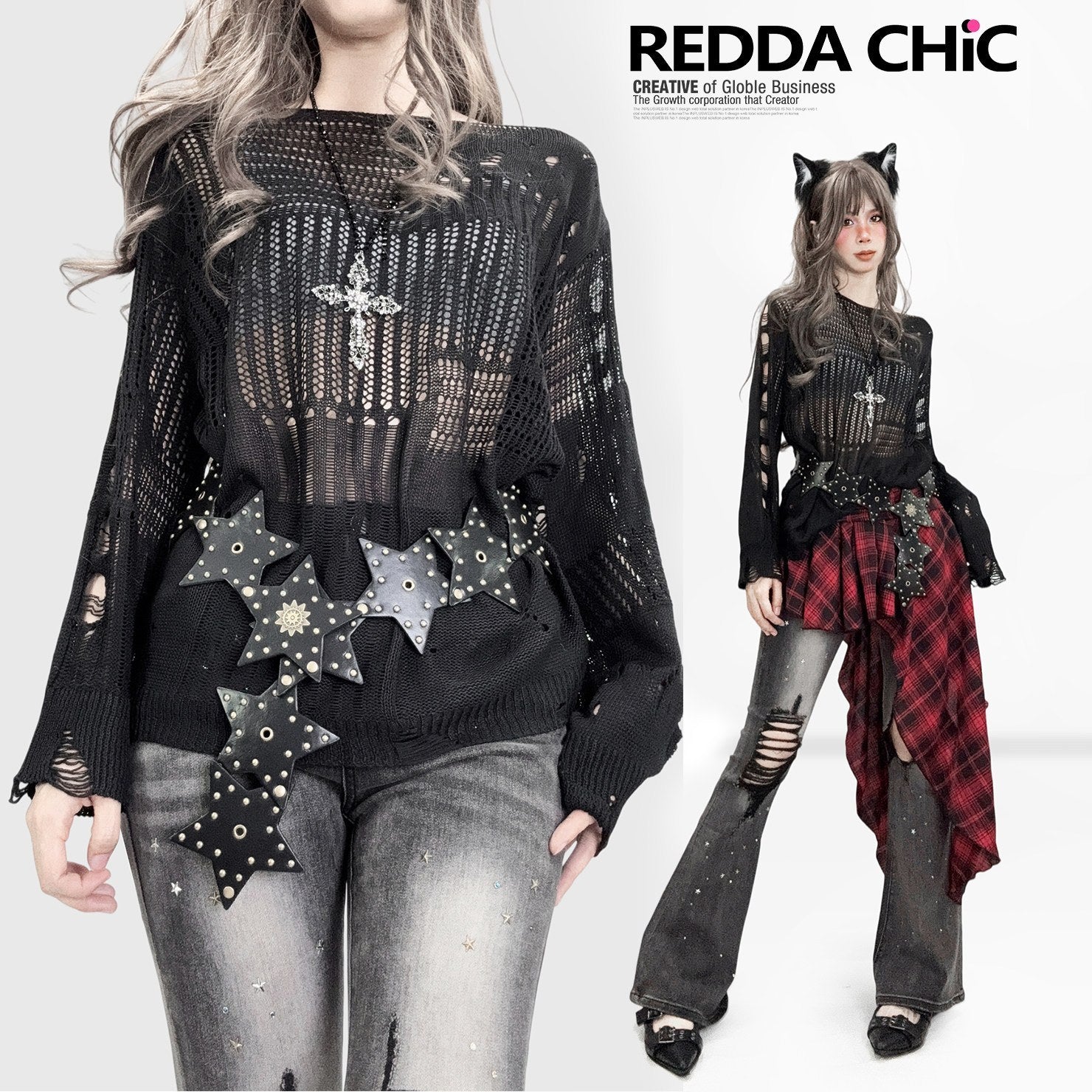 REDDACHIC_Dark_Openwork_One_Shoulder_Semi_Sheer_Relaxed_Women'S_Knit_Long_Sleeve_T-Shirts_MISSTT