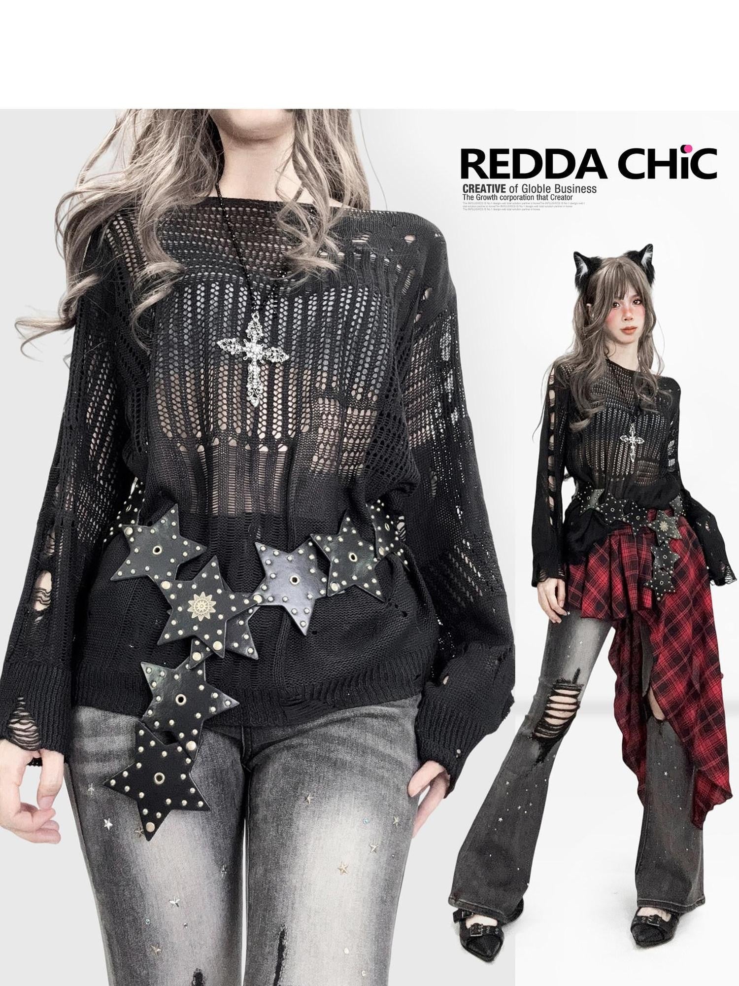 REDDACHIC Dark Openwork One Shoulder Semi Sheer Relaxed Women'S Knit Long Sleeve T-Shirts