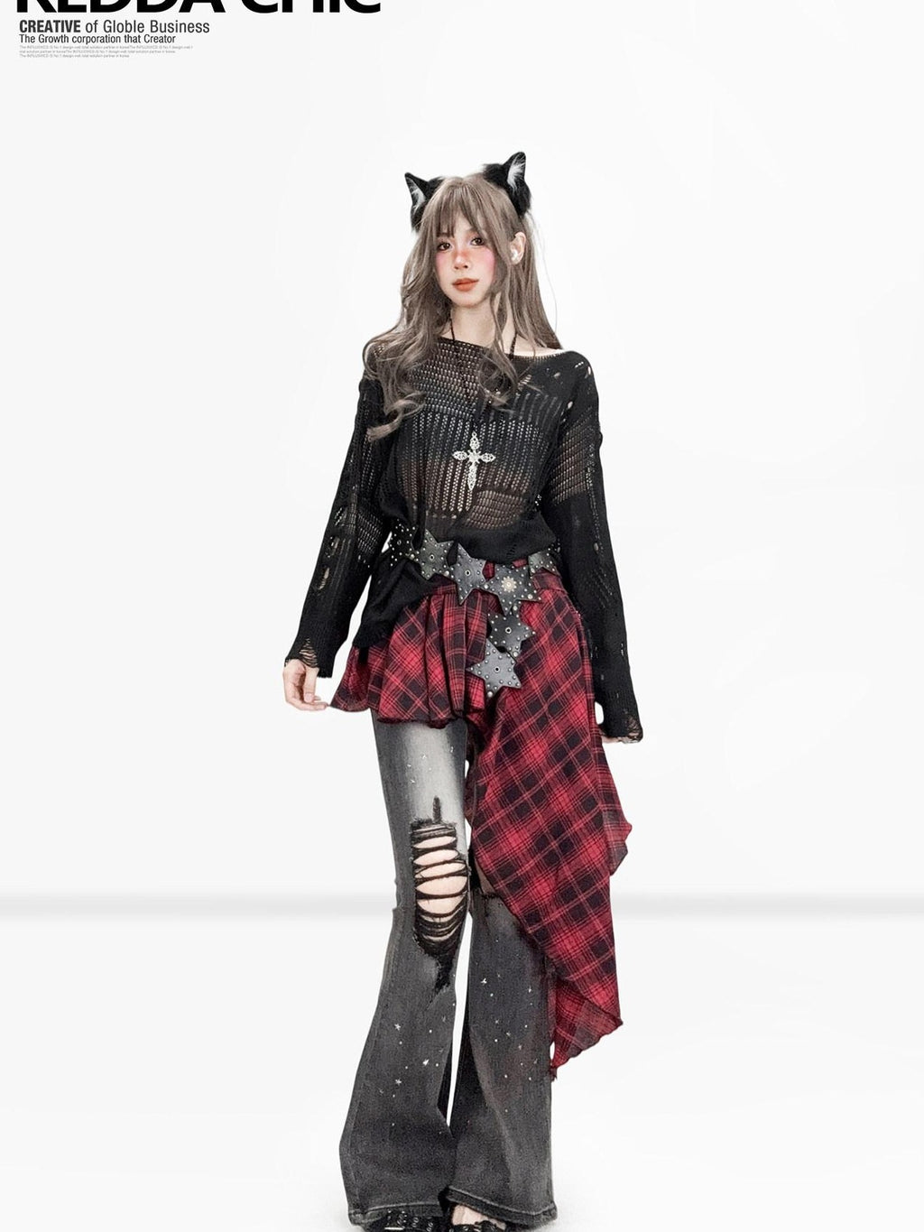 REDDACHIC Dark Openwork One Shoulder Semi Sheer Relaxed Women'S Knit Long Sleeve T-Shirts