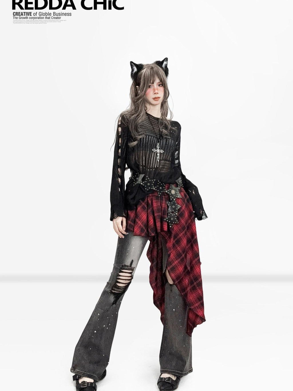 REDDACHIC Dark Openwork One Shoulder Semi Sheer Relaxed Women'S Knit Long Sleeve T-Shirts