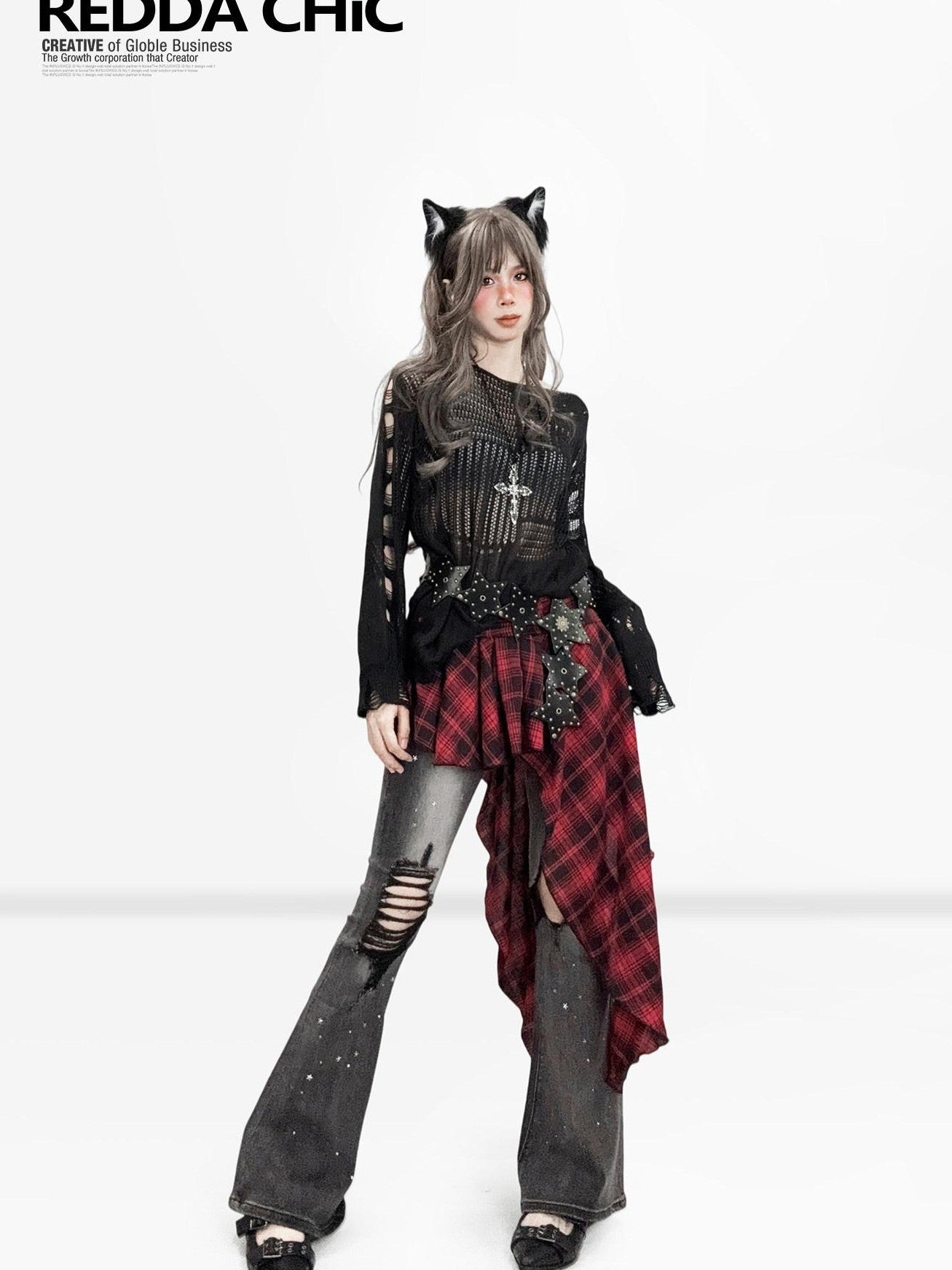 REDDACHIC Dark Openwork One Shoulder Semi Sheer Relaxed Women'S Knit Long Sleeve T-Shirts