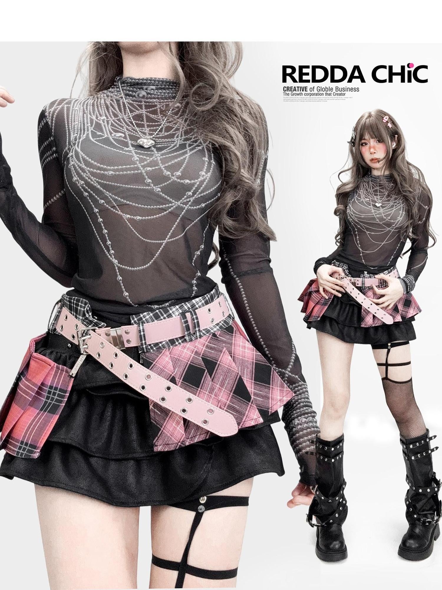REDDACHIC Dark Printed Striped Semi Sheer Slim High Neck Women'S Mesh Long Sleeve T-Shirts