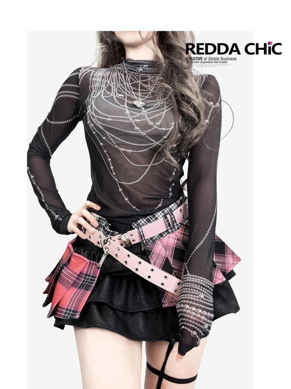 REDDACHIC Dark Printed Striped Semi Sheer Slim High Neck Women'S Mesh Long Sleeve T-Shirts