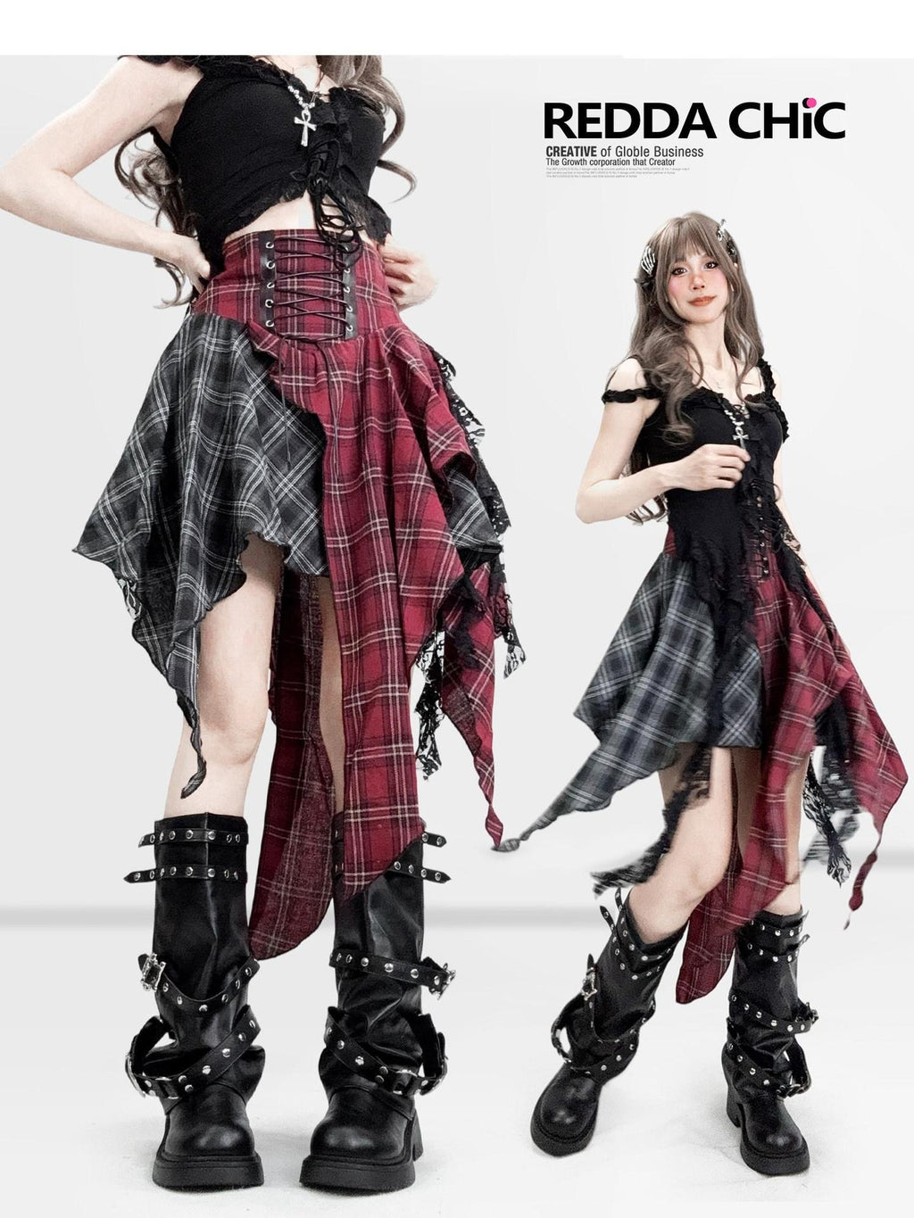 REDDACHIC Dark Red Plaid Asymmetric Ruffle High Waist A Line Patchwork Women'S Midi Skirts