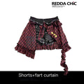 REDDACHIC_Dark_Red_Plaid_Subculture_Rear_Flap_Irregular_Wide_Leg_Women'S_Denim_Shorts_MISSTT