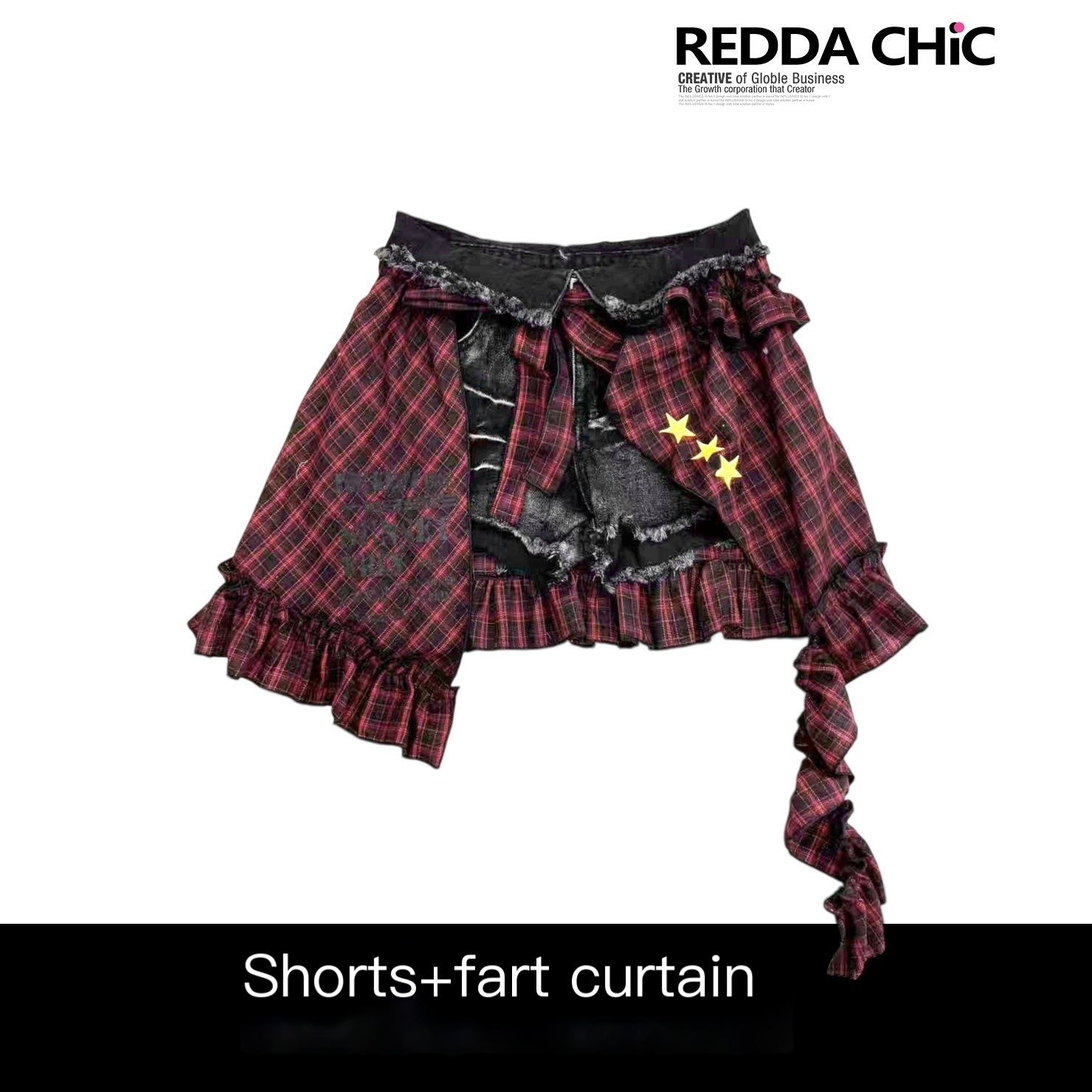 REDDACHIC_Dark_Red_Plaid_Subculture_Rear_Flap_Irregular_Wide_Leg_Women'S_Denim_Shorts_MISSTT