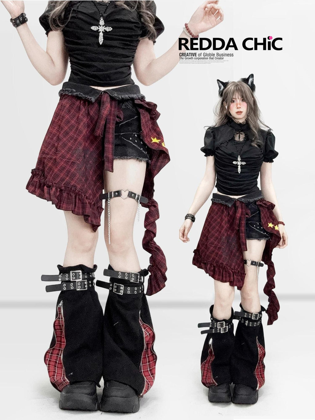 REDDACHIC Dark Red Plaid Subculture Rear Flap Irregular Wide Leg Women'S Denim Shorts