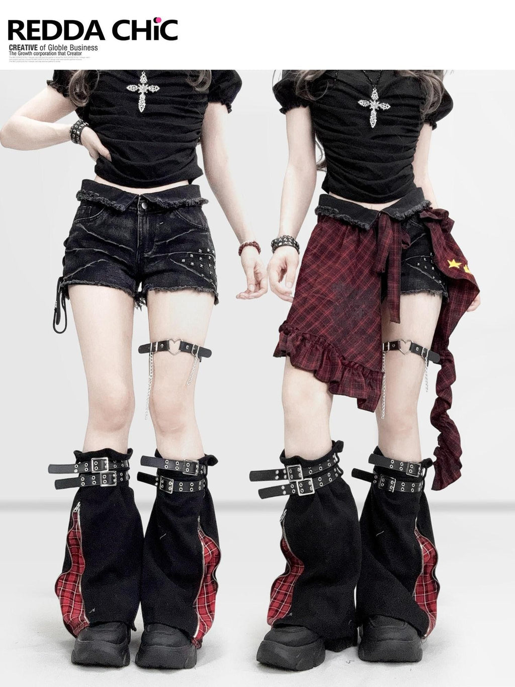 REDDACHIC Dark Red Plaid Subculture Rear Flap Irregular Wide Leg Women'S Denim Shorts
