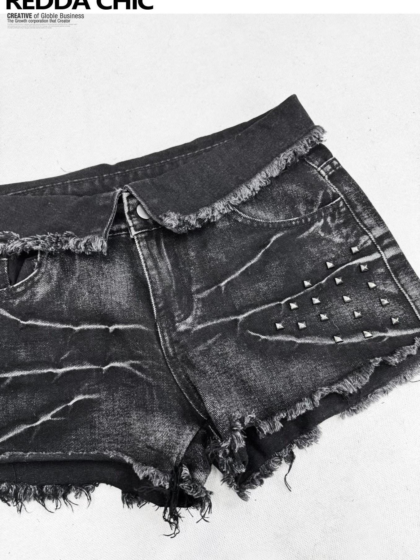 REDDACHIC Dark Red Plaid Subculture Rear Flap Irregular Wide Leg Women'S Denim Shorts