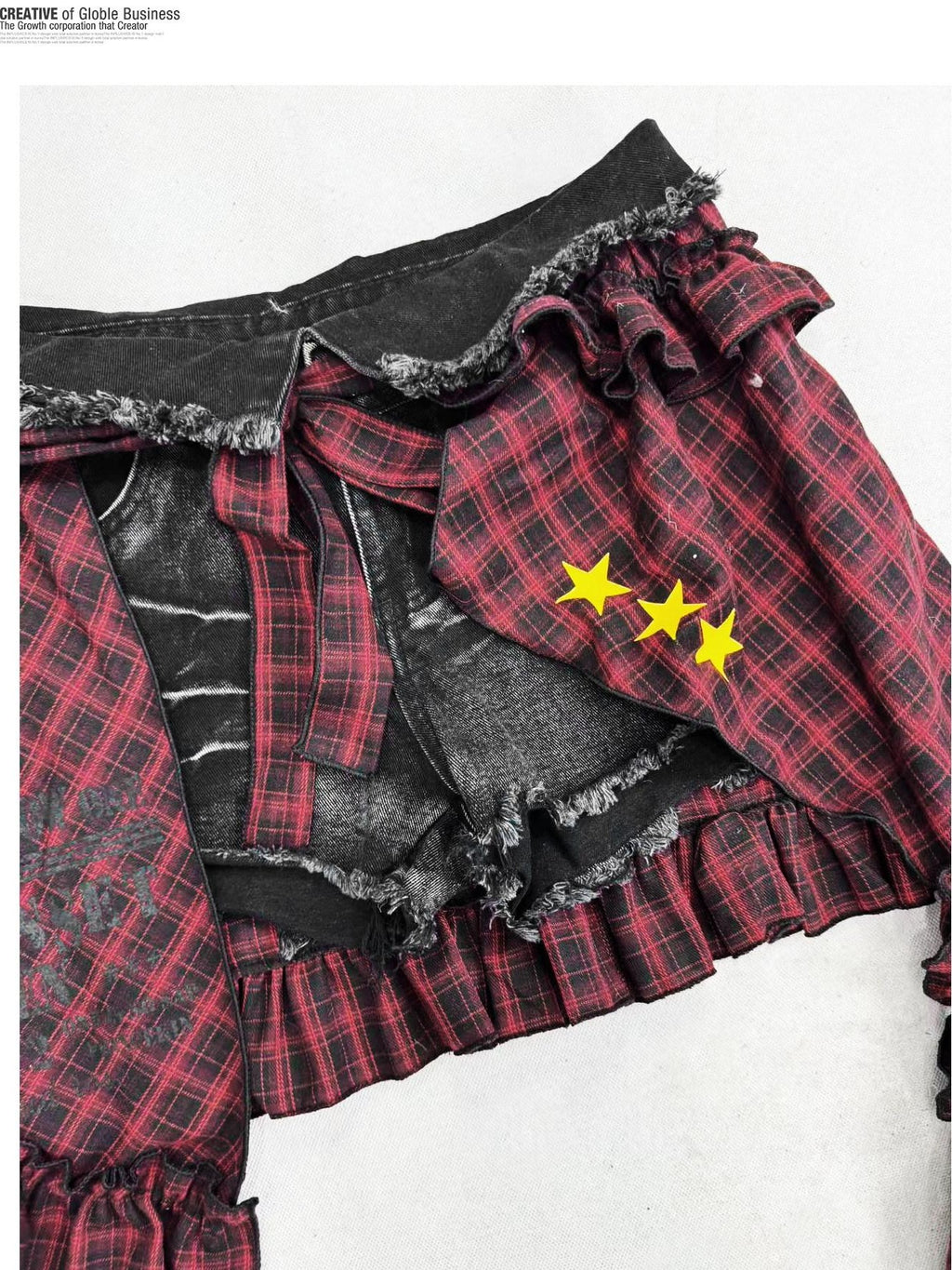 REDDACHIC Dark Red Plaid Subculture Rear Flap Irregular Wide Leg Women'S Denim Shorts