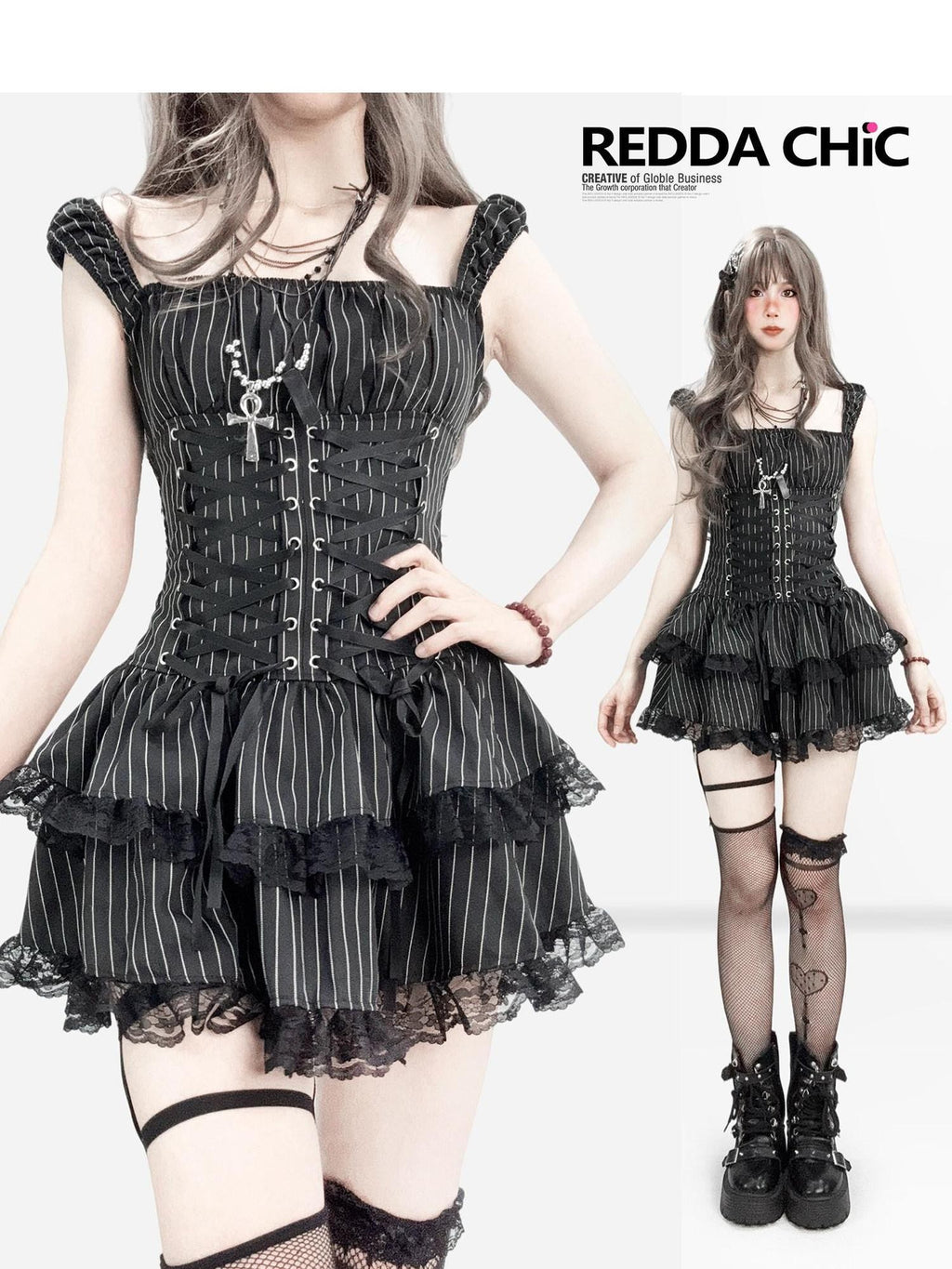 REDDACHIC Dark Striped Gothic Lace Layered Tiered A Line Strappy Women'S Mini Dresses