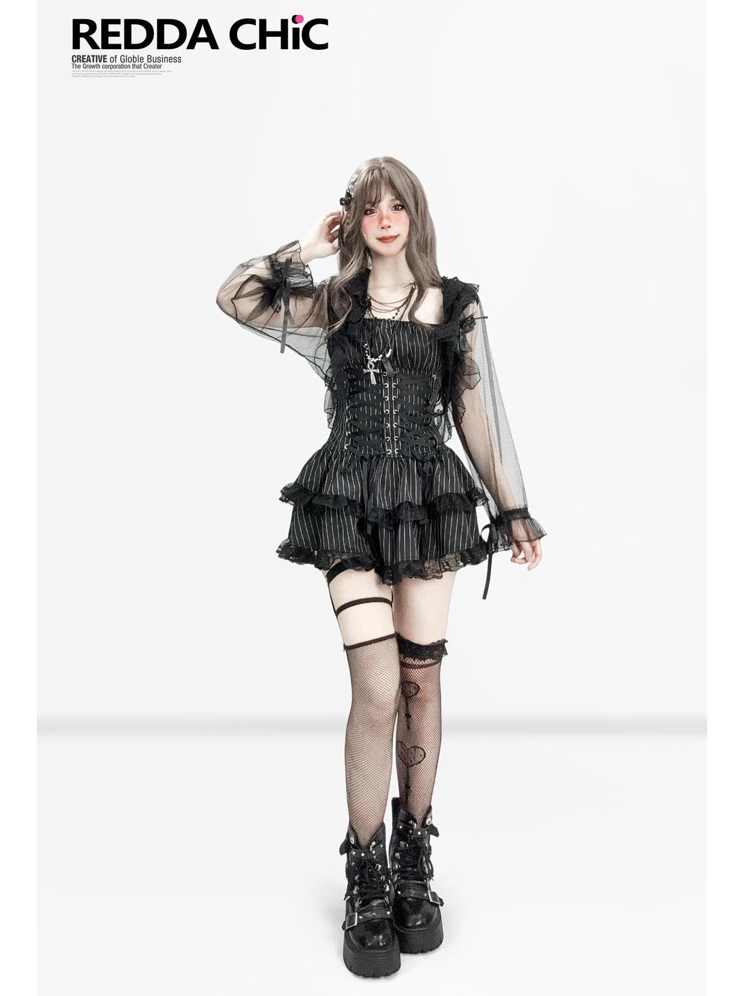 REDDACHIC Dark Striped Gothic Lace Layered Tiered A Line Strappy Women'S Mini Dresses