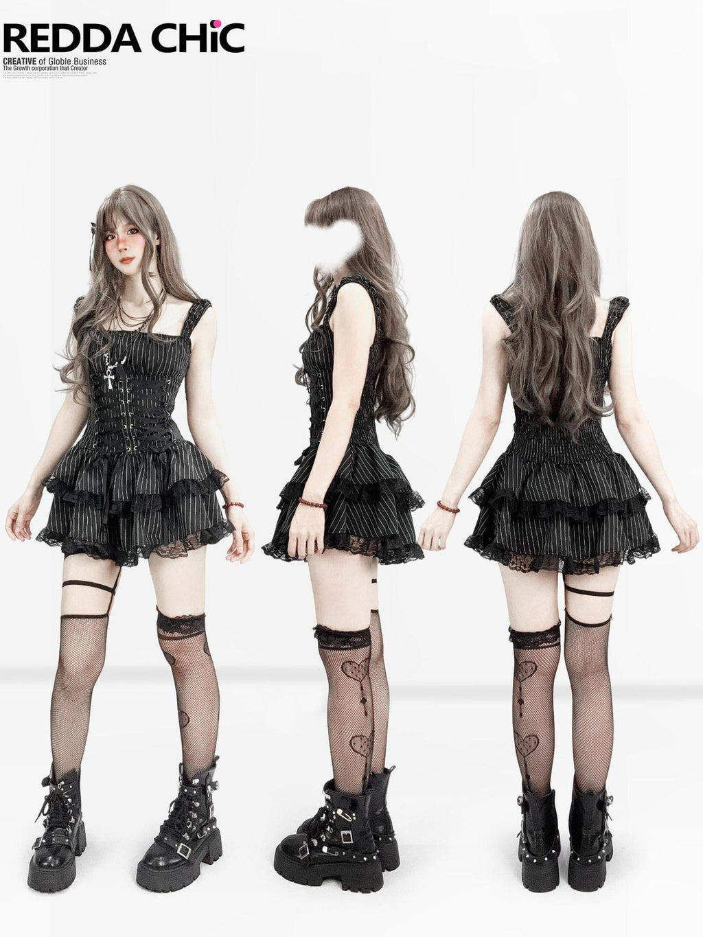 REDDACHIC Dark Striped Gothic Lace Layered Tiered A Line Strappy Women'S Mini Dresses