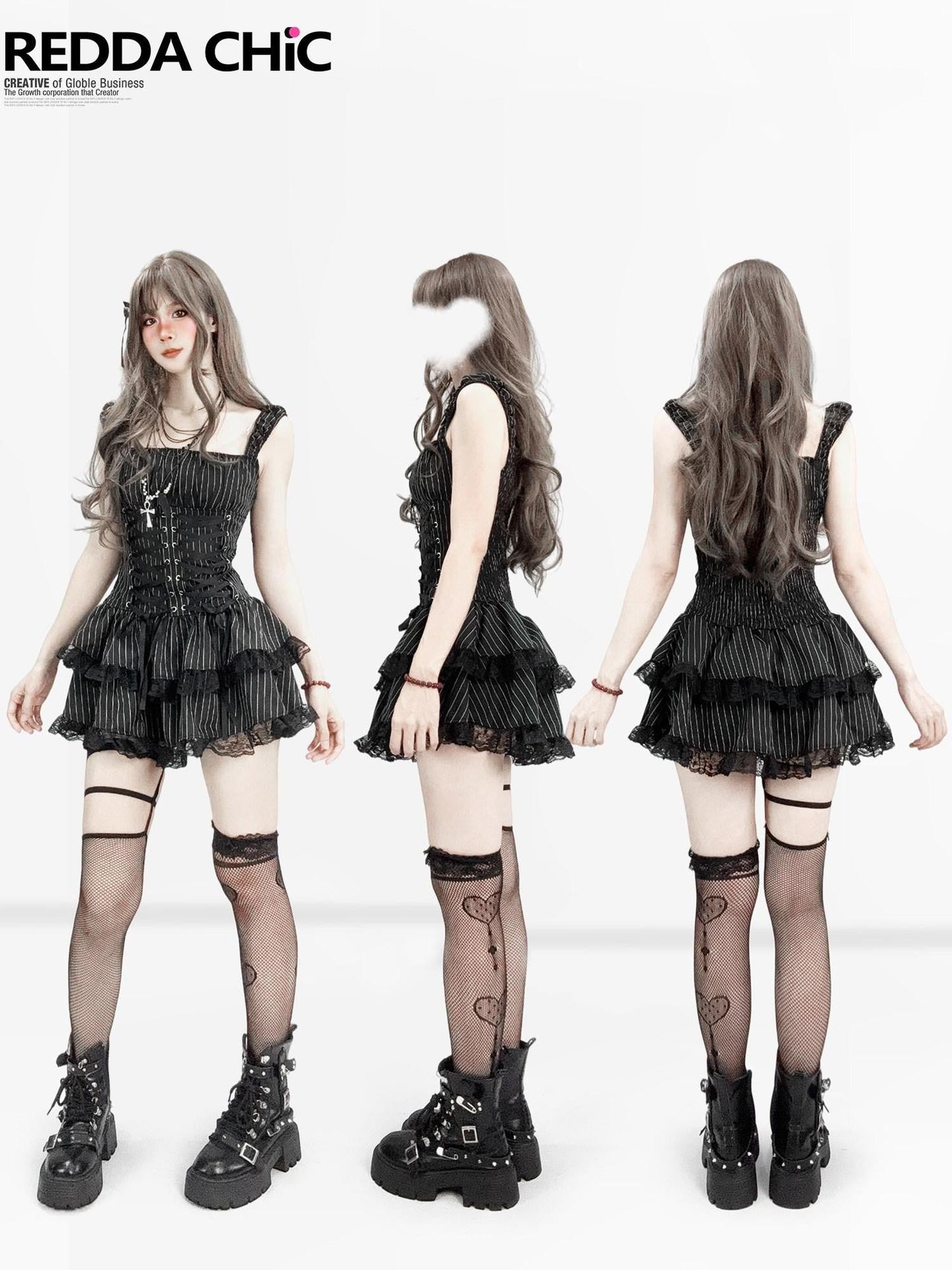 REDDACHIC Dark Striped Gothic Lace Layered Tiered A Line Strappy Women'S Mini Dresses