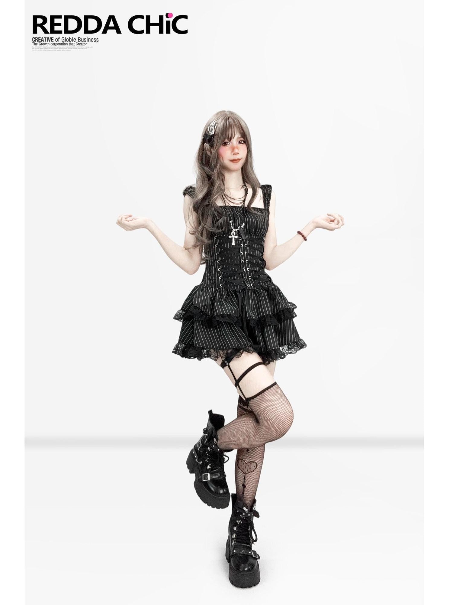 REDDACHIC Dark Striped Gothic Lace Layered Tiered A Line Strappy Women'S Mini Dresses