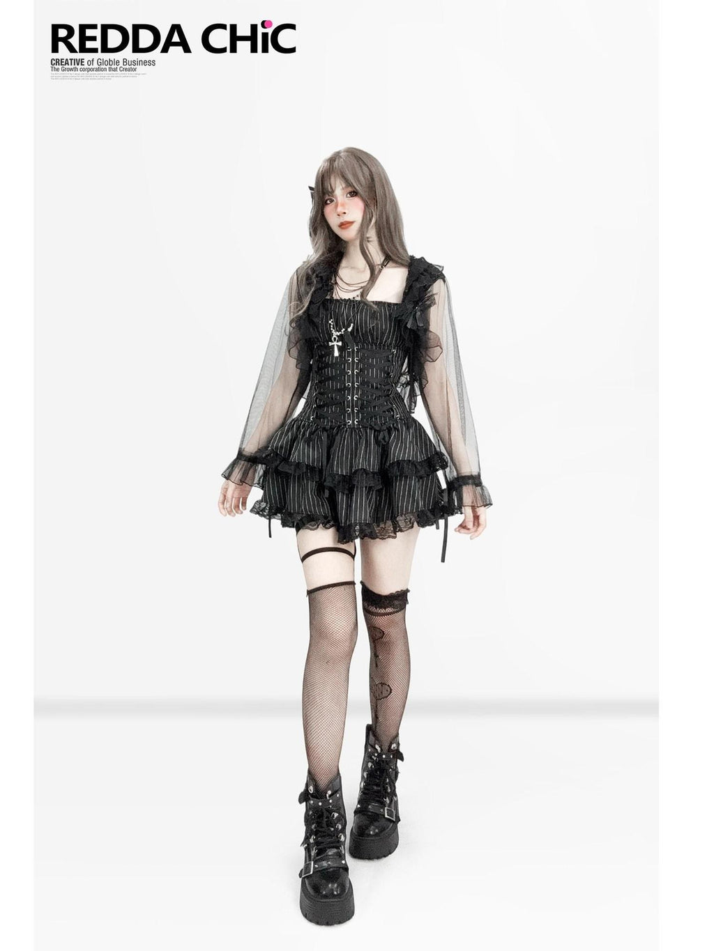 REDDACHIC Dark Striped Gothic Lace Layered Tiered A Line Strappy Women'S Mini Dresses