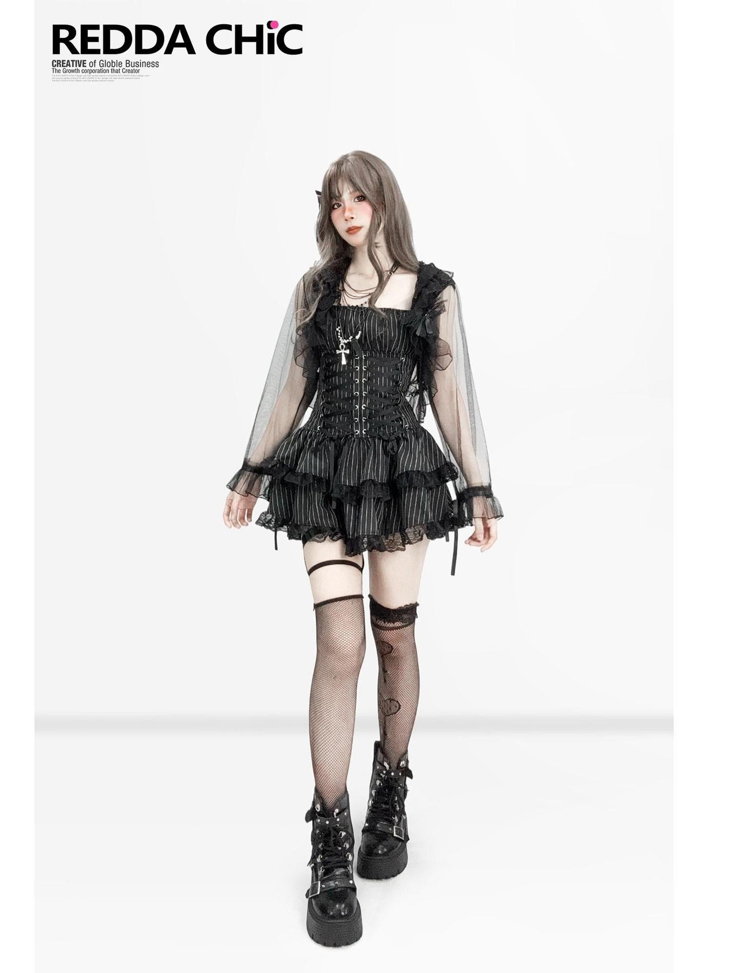 REDDACHIC Dark Striped Gothic Lace Layered Tiered A Line Strappy Women'S Mini Dresses