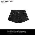 REDDACHIC_Dark_Subculture_Studded_Low_Waist_Straight_Button_Stretch_Women'S_Denim_Shorts_MISSTT