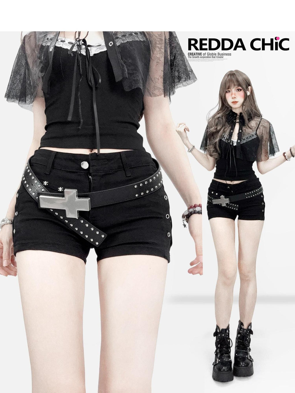REDDACHIC Dark Subculture Studded Low Waist Straight Button Stretch Women'S Denim Shorts