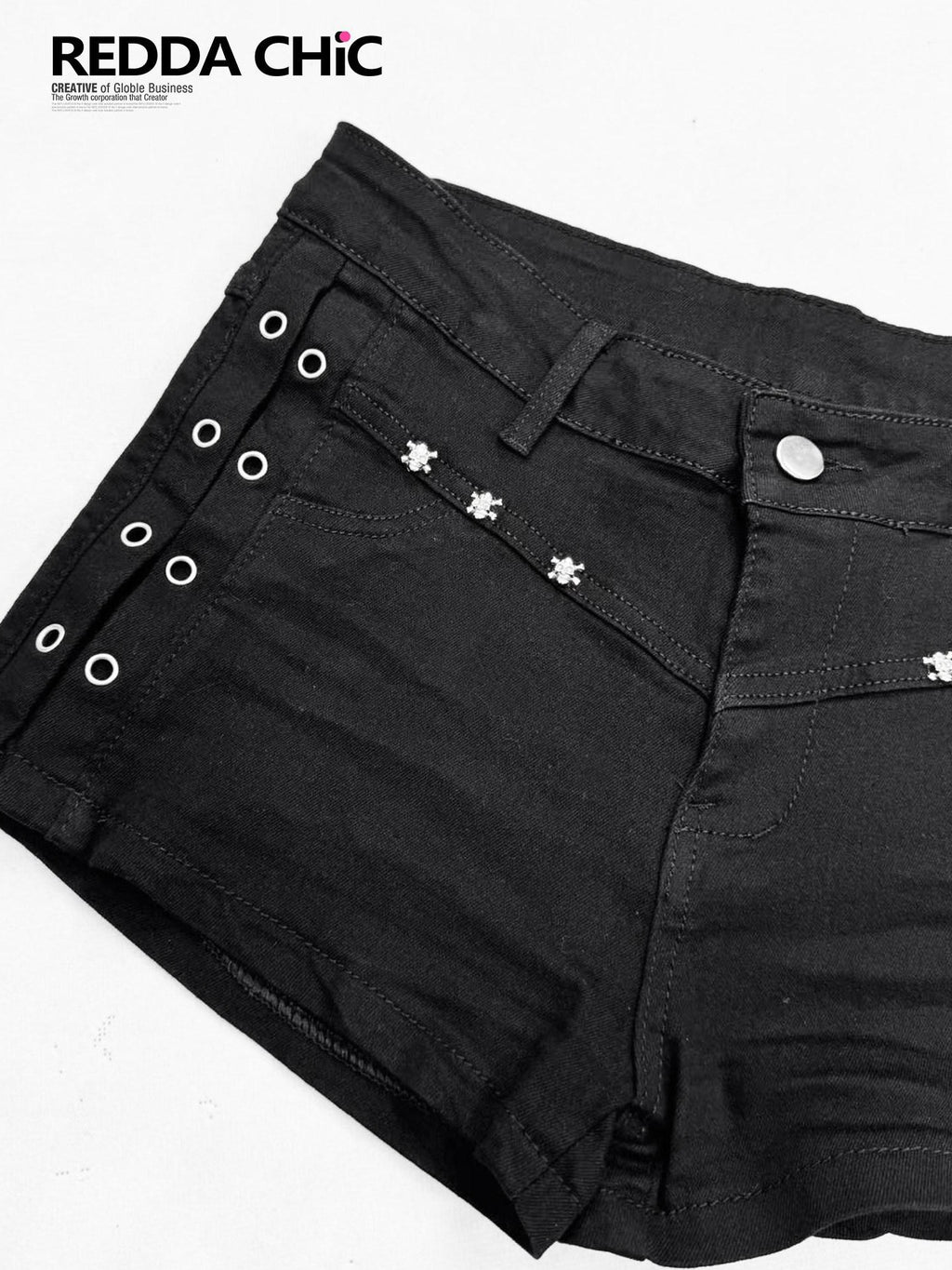 REDDACHIC Dark Subculture Studded Low Waist Straight Button Stretch Women'S Denim Shorts