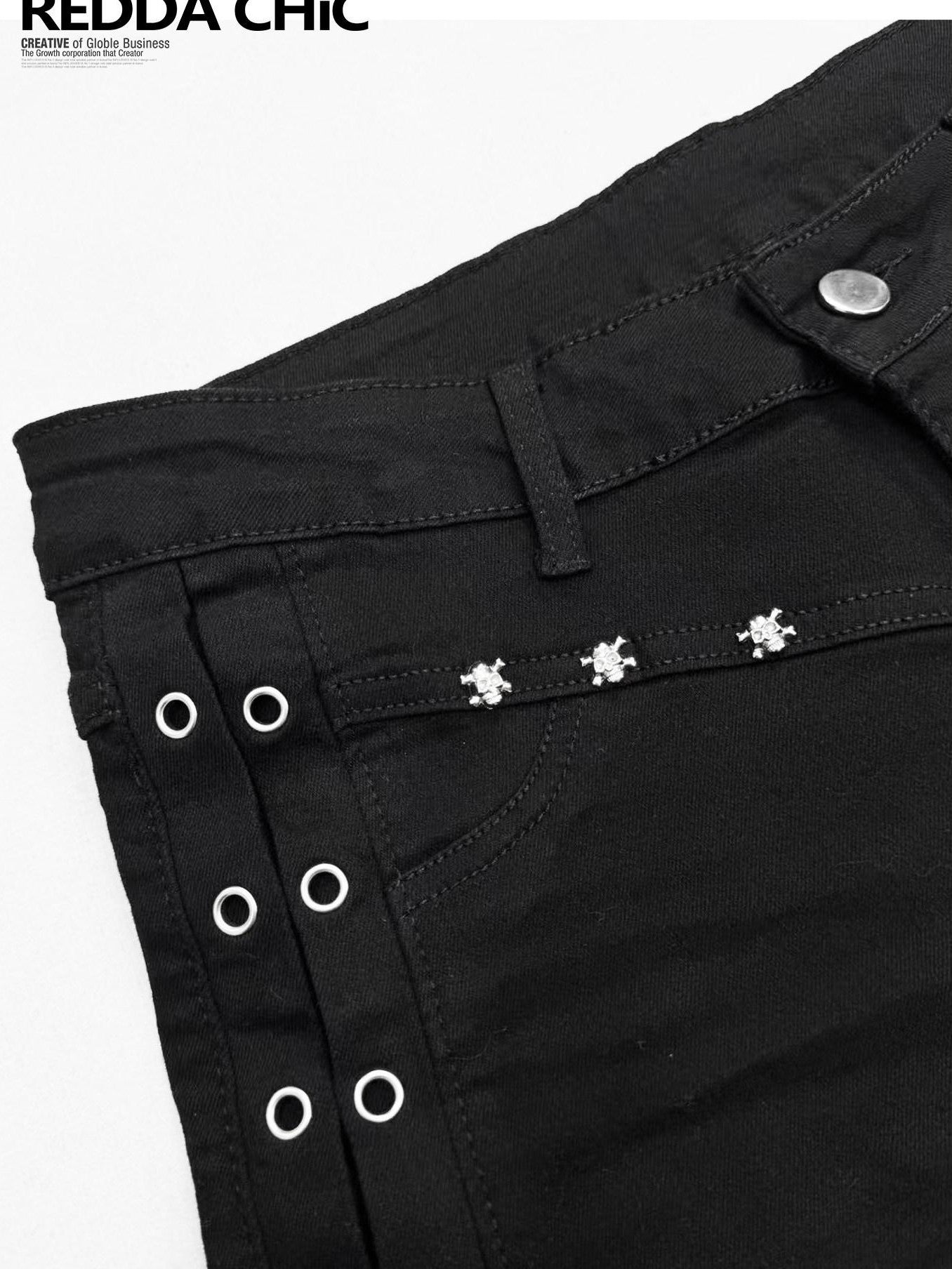REDDACHIC Dark Subculture Studded Low Waist Straight Button Stretch Women'S Denim Shorts