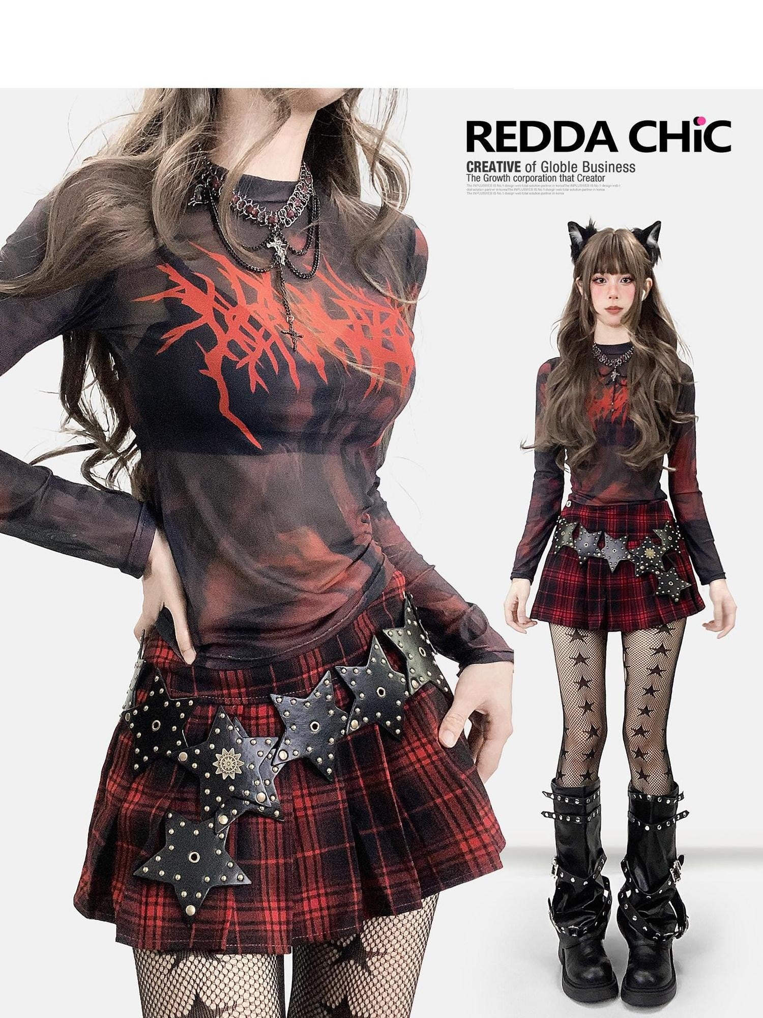 REDDACHIC Dark Subculture Tie Dye Cross Print Women'S Mesh Long Sleeve T-Shirts