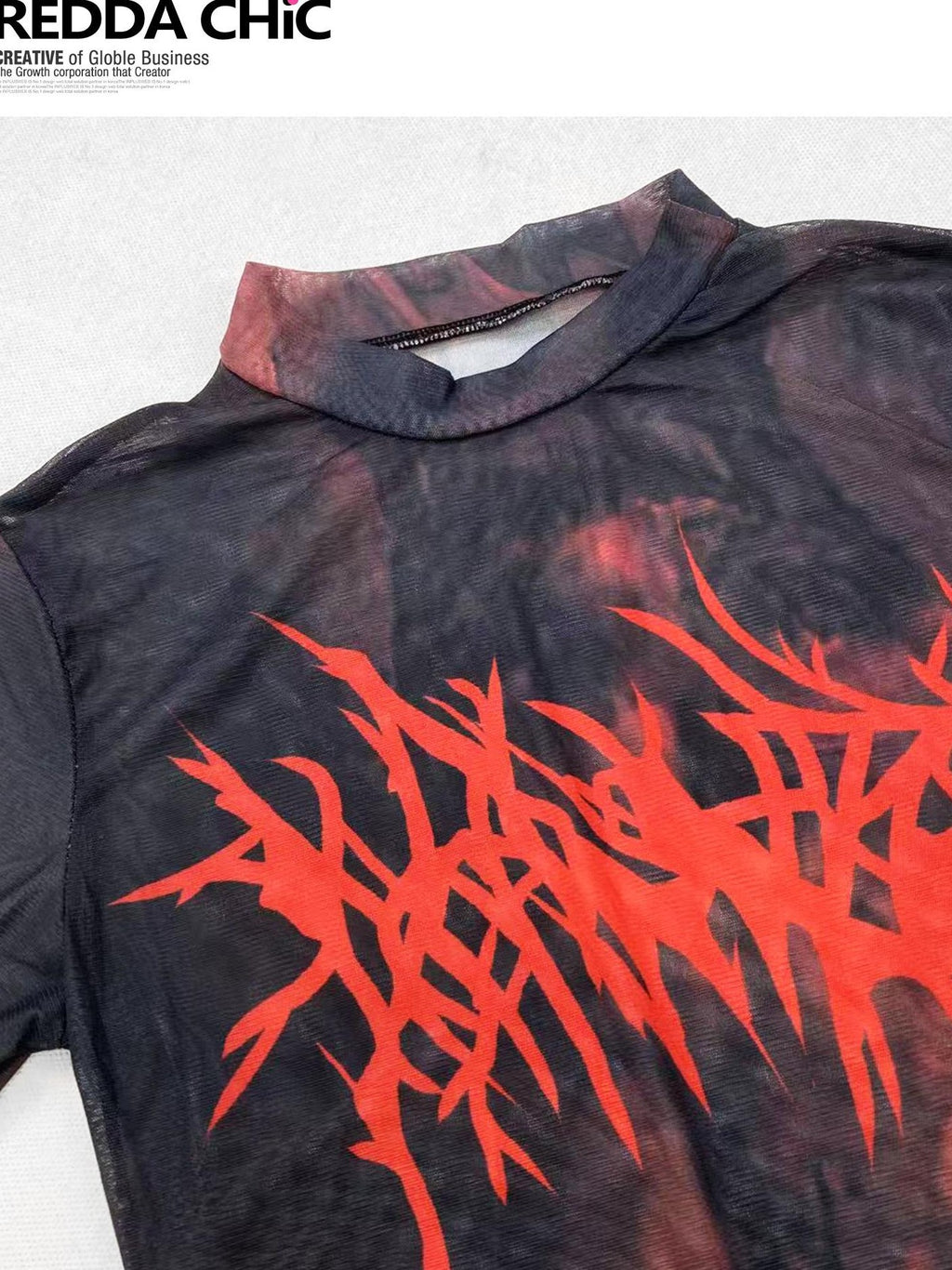REDDACHIC Dark Subculture Tie Dye Cross Print Women'S Mesh Long Sleeve T-Shirts