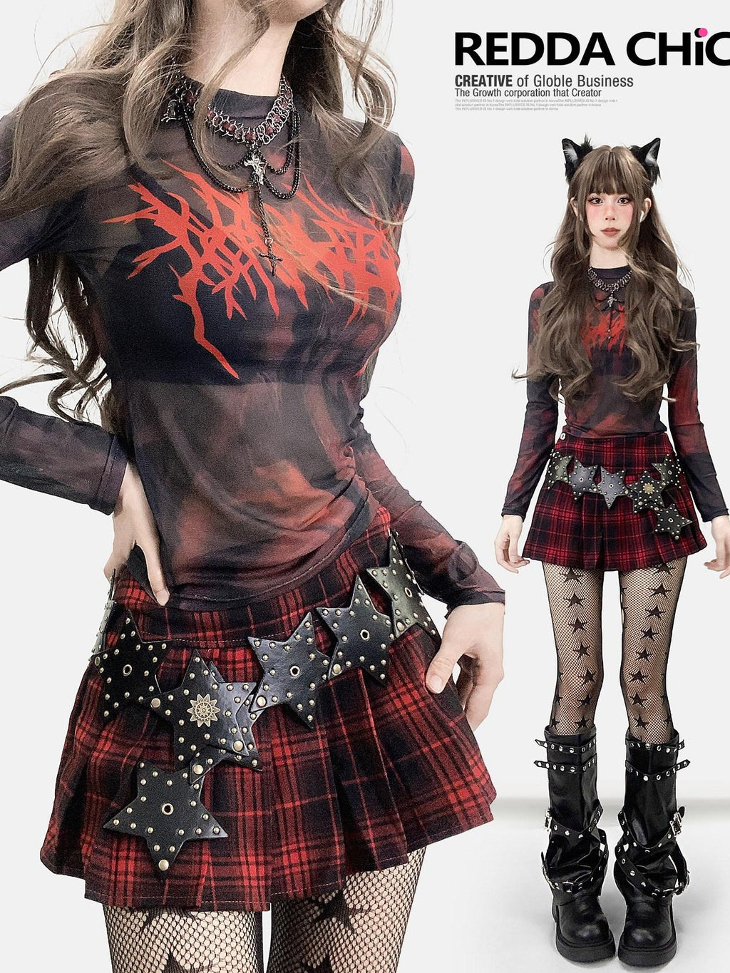 REDDACHIC Dark Subculture Tie Dye Cross Print Women'S Mesh Long Sleeve T-Shirts