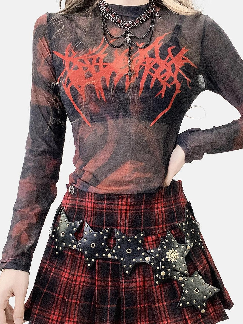 REDDACHIC Dark Subculture Tie Dye Cross Print Women'S Mesh Long Sleeve T-Shirts