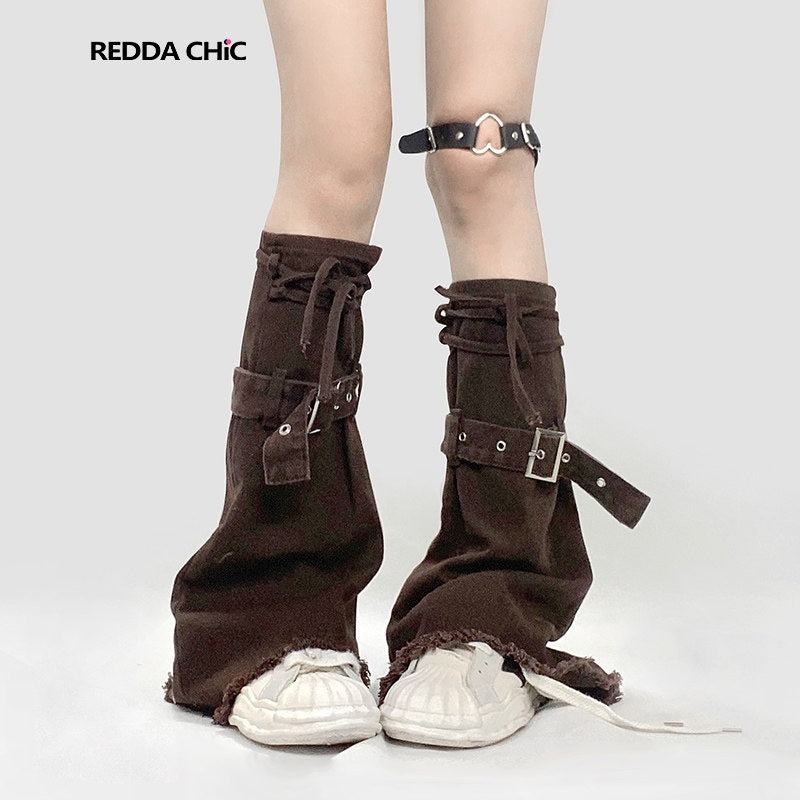 REDDACHIC_Deep_Brown_American_Retro_Slouchy_Stacked_Women'S_Denim_Mid_Calf_Leg_Warmers_MISSTT