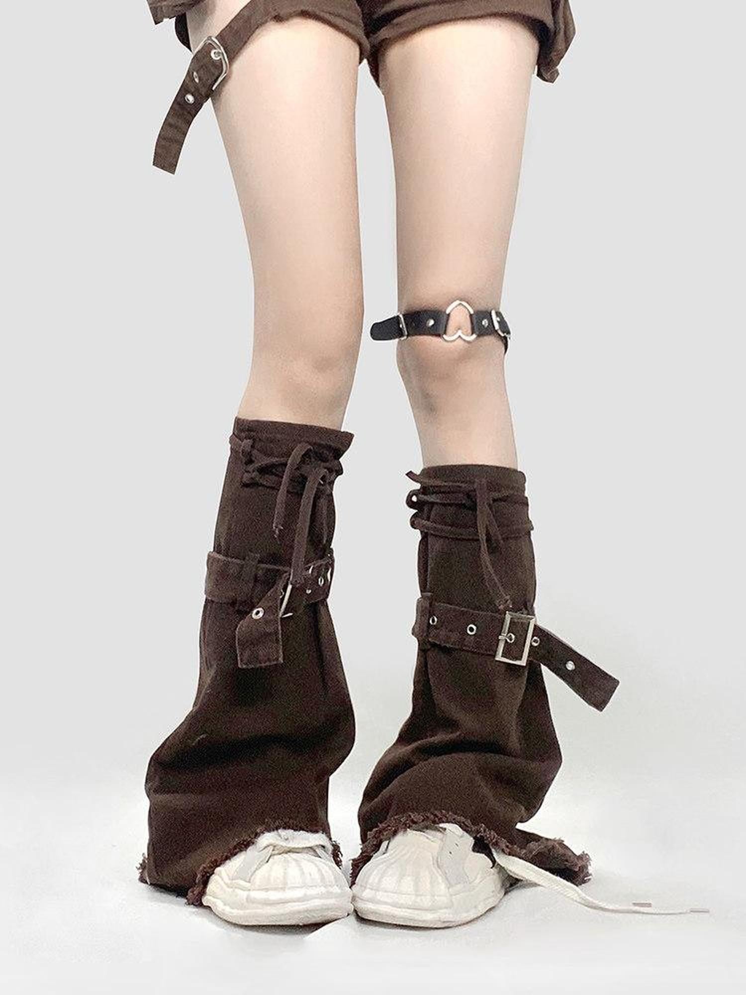 REDDACHIC Deep Brown American Retro Slouchy Stacked Women'S Denim Mid Calf Leg Warmers