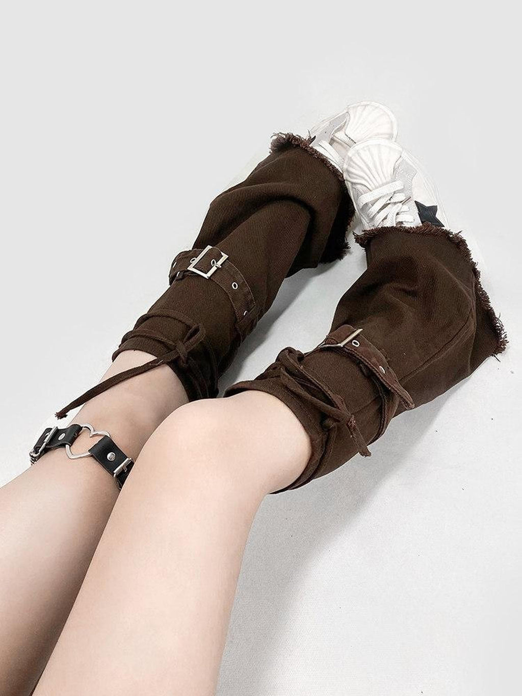 REDDACHIC Deep Brown American Retro Slouchy Stacked Women'S Denim Mid Calf Leg Warmers